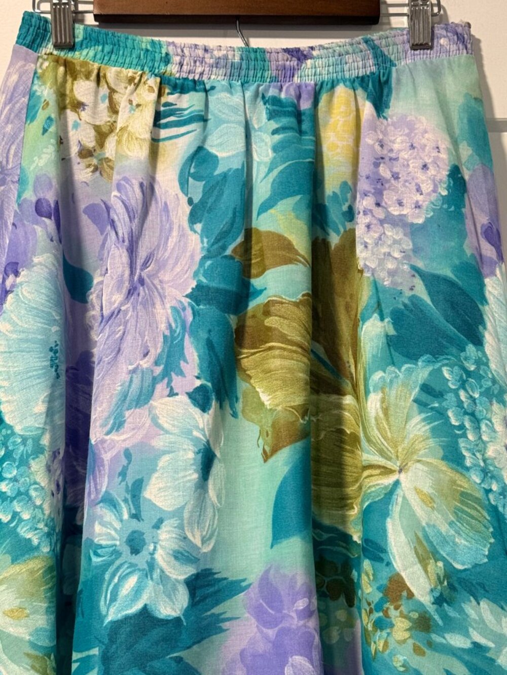 Vintage Teal & Lavender Floral Elastic Waistband Midi Skirt - Picture 2 of 3